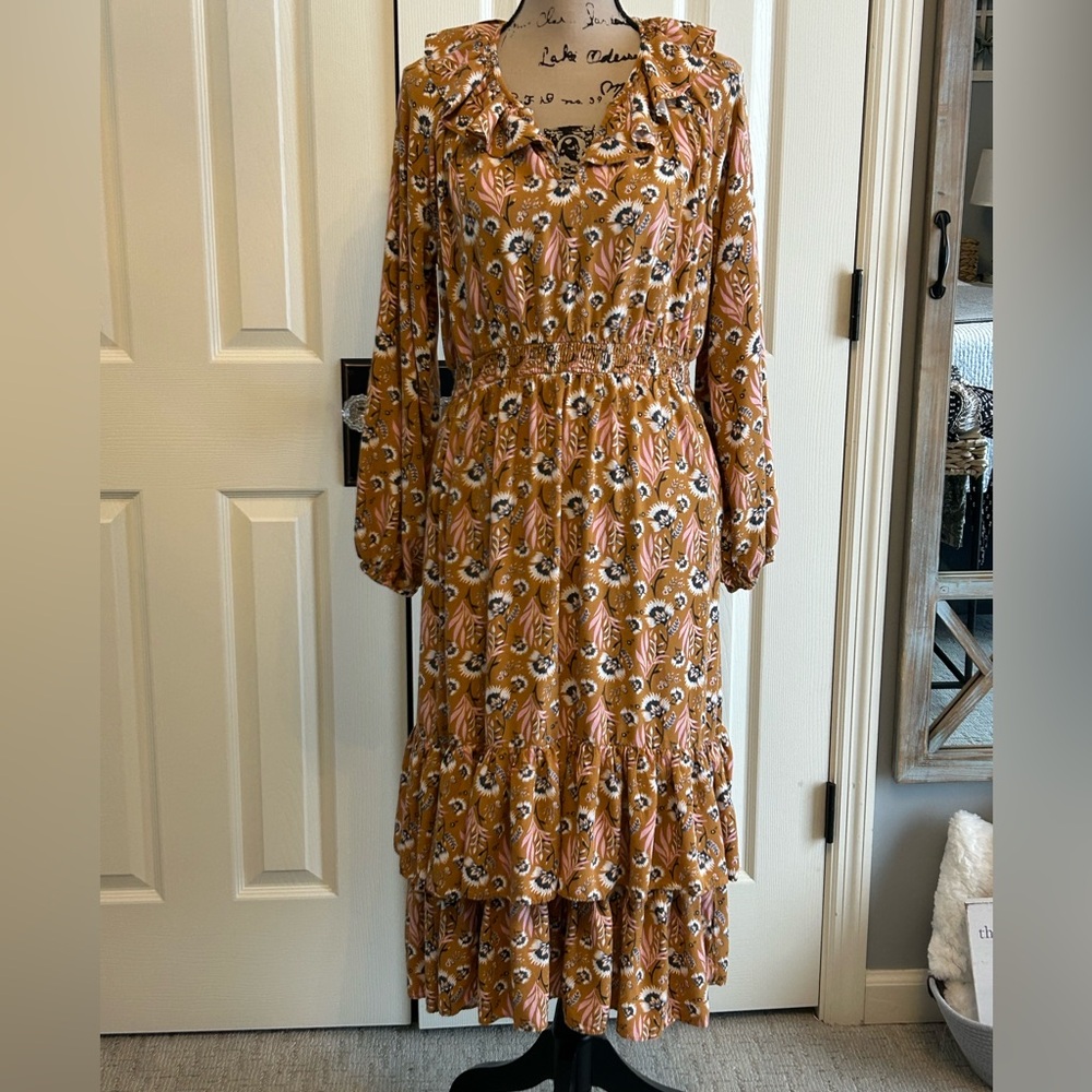 Universal Thread Mustard Floral Long Sleeve Tiered Maxi Dress